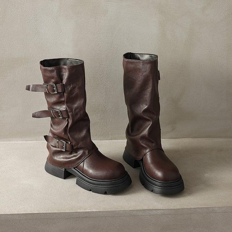 Fashion Leather Round Toe Ladies Mid Calf Shoes 2025 Novelty Trend Demi-season Chic and Elegant Work Hot Luxury Women's Half High Boots