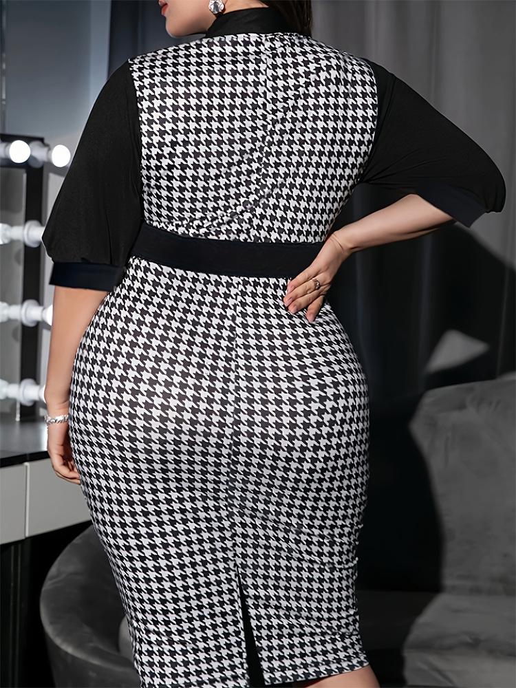 A24-516 European & American Houndstooth Slim Formal Dress - Fashionable, Large Size