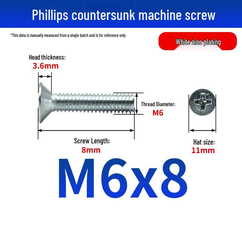 White Zinc Plated Cross Recessed Countersunk Head Screws & Bolts, Machine Thread, M3-M12