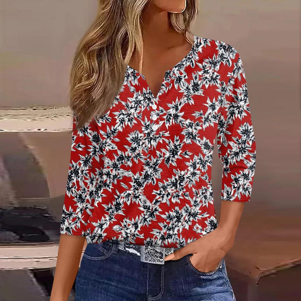 Damska koszulka z nadrukiem na guziki, rękaw 3/4, codzienna, weekendowa, modna, podstawowa, dekolt w serek, regularny top