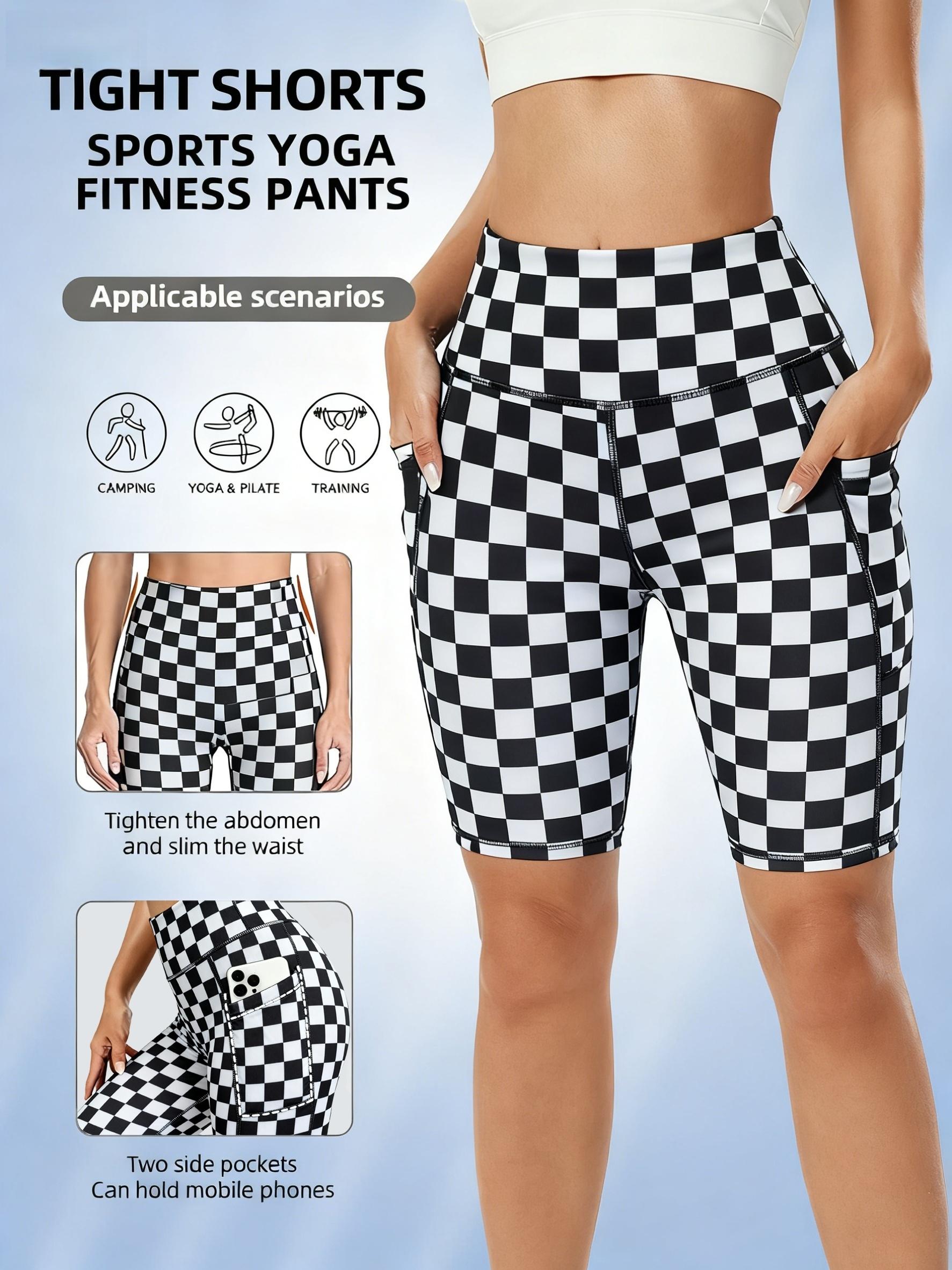 

Ladies black and white checkered sports yoga high-waisted tight shorts with pockets on both sides, suitable for all seasons S чёрный