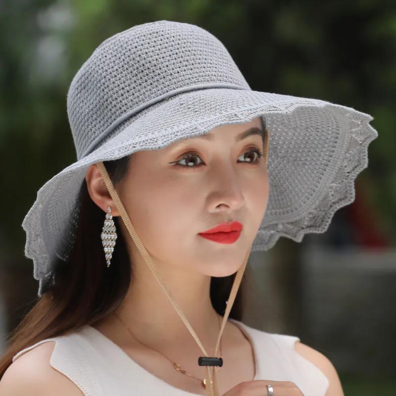 

WTEMPO Knitted Spring Summer Foldable Sunscreen Hats Women s Solid Color Wide Brim Travel Beach Breathable Sun Hats 1pc серый