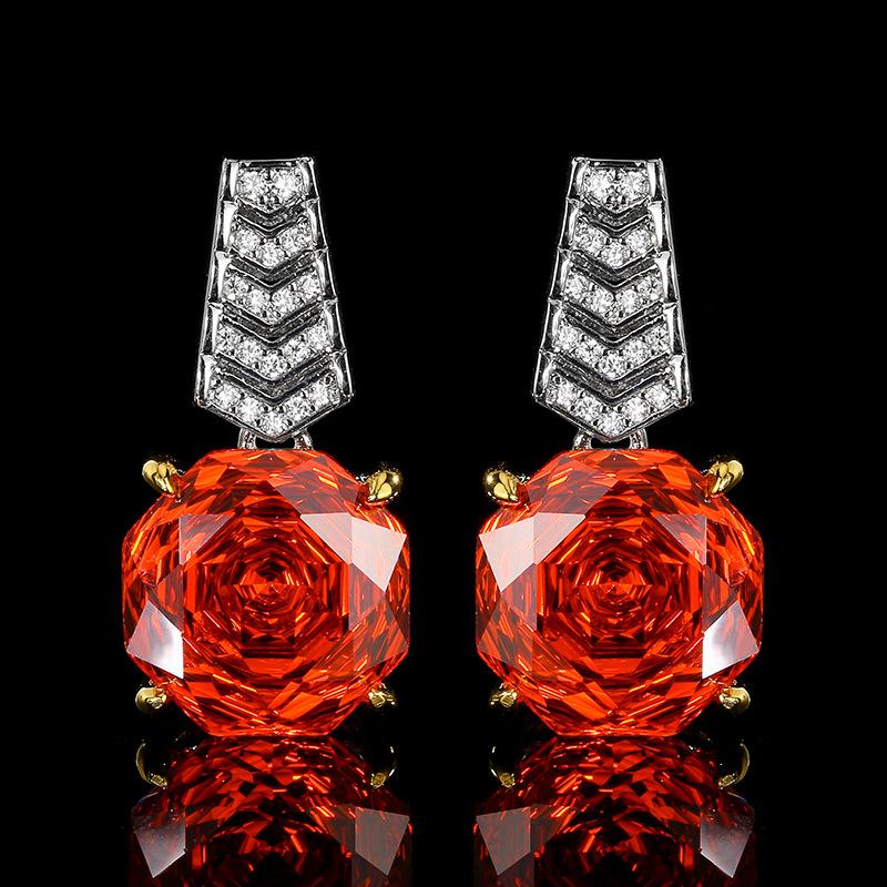 Jewelry Copper Bottom Gold-Plated Rose Cut Orange Red Zirconium Temperament Light Luxury Set Main Stone 14-12Mm