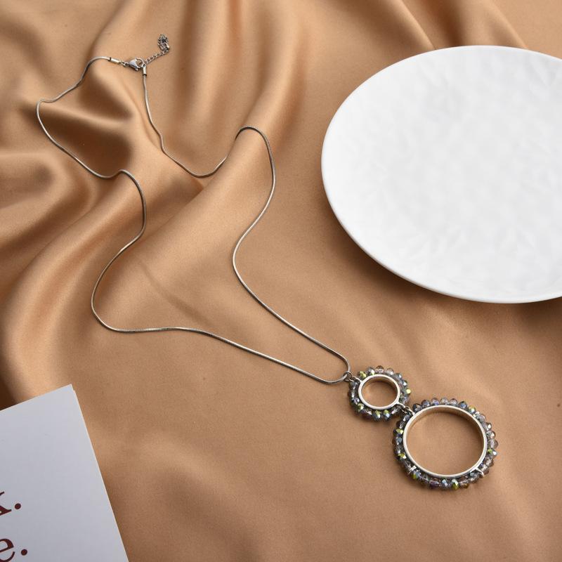 Timeless Steel Titanium Long Necklace With Double Circle Pendant Adorned With Brilliant Crystals Austrian