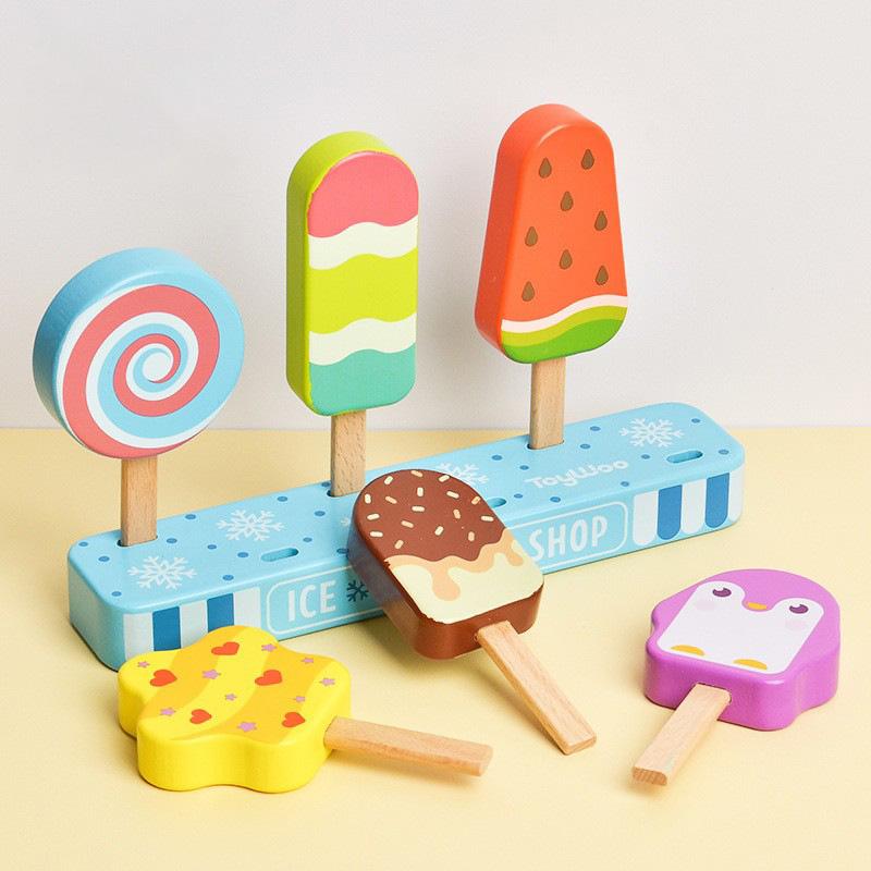 Wooden Montessori Style Ice Cream Playthings Toddlers Pretend Playing Simulation Food Games Kitchen Accessories Playthings ideal for 3 4 5 Year Old