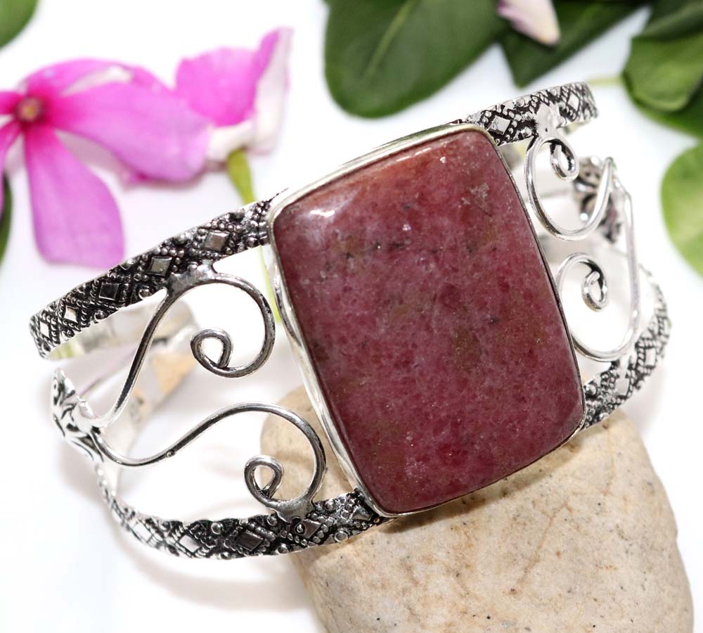 Huge Pink Thulite 925 Silver Plated Bangle 6.5" Traditional Jewelry Design E6q58