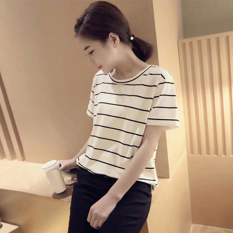 

Полосатые футболки с коротким рукавом и круглым вырезом, женские свободные тонкие студенческие футболки, женские повседневные женские топы 2XL