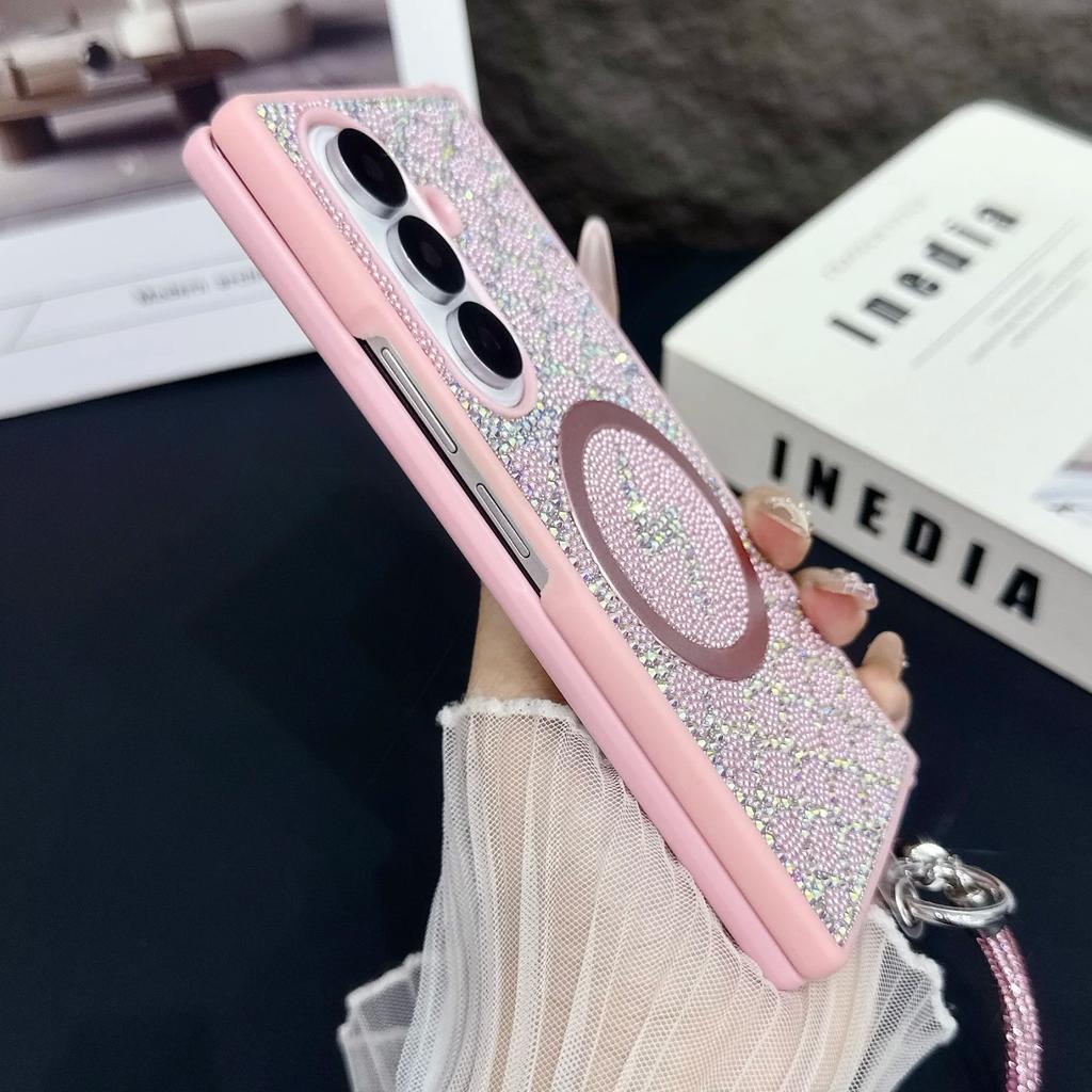 Riffel-Diamant Magnetische Handyhülle Für Samsung Z Fold 7 6 5 4 Helles Leopardenmuster PC Kristallkette Stoßfeste Schutzhülle