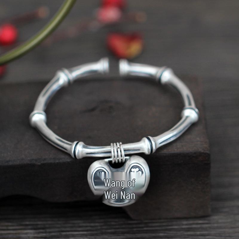 99% Pure Silver Ruyi Lock Bamboo Joint Bracelet for Women, Ethnic Retro, Open Bangle