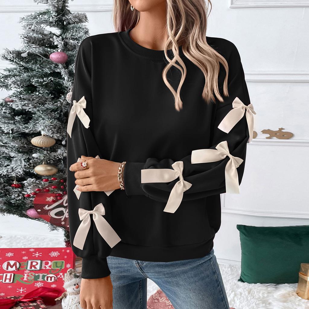 Women's Fashion Casual Sweet Style Loose Round Neck Bow Red Christmas Pullover Sweatshirt