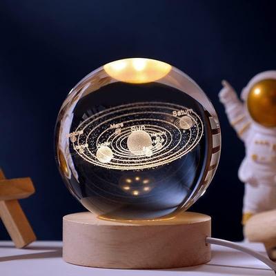 3D Solar System Crystal Ball Night Lamp, Creative Engraved Night Light for Kids Room, USB Table LED Lamp with Woodern Base,