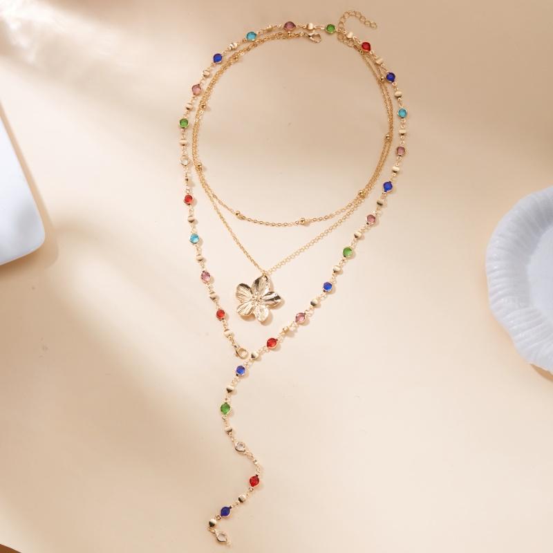 Sexy Long Y Shape Tassel Necklace For Women Gold Color Metal Flower Pendant Rainbow Beaded Chain Choker Girls Party Body Jewelry