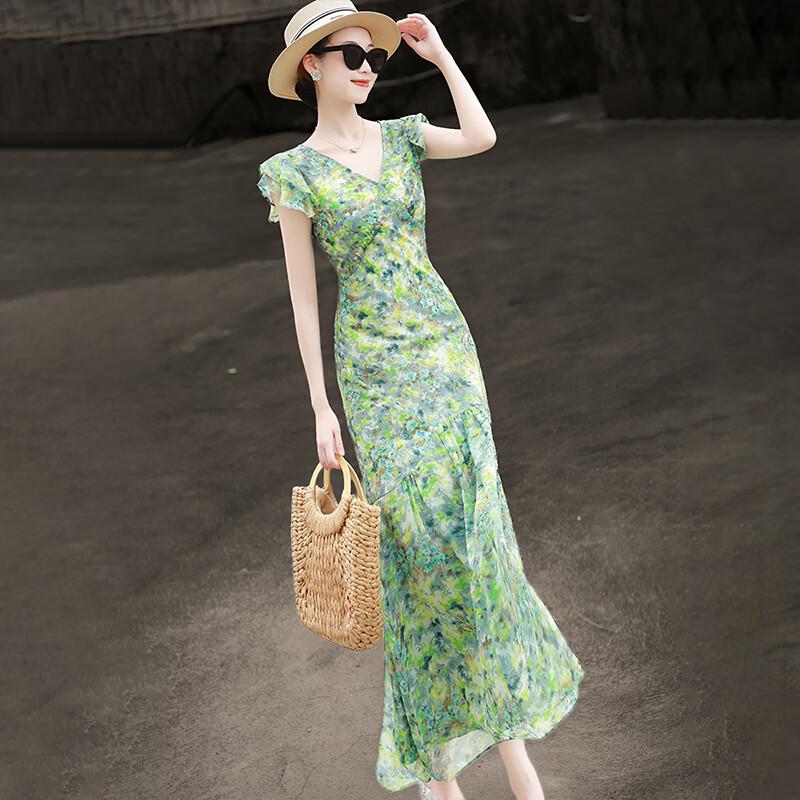 Lanse er Elegant Floral V-neck Ruffle Sleeve Midi Dress L