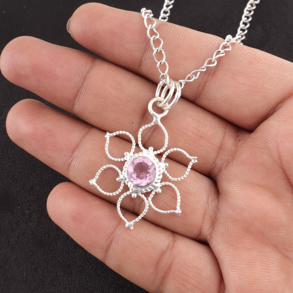 Round Kunzite Stone 925 Sterling Silver Sisters Gift Engagement Pendant Jewelry PP-18-11