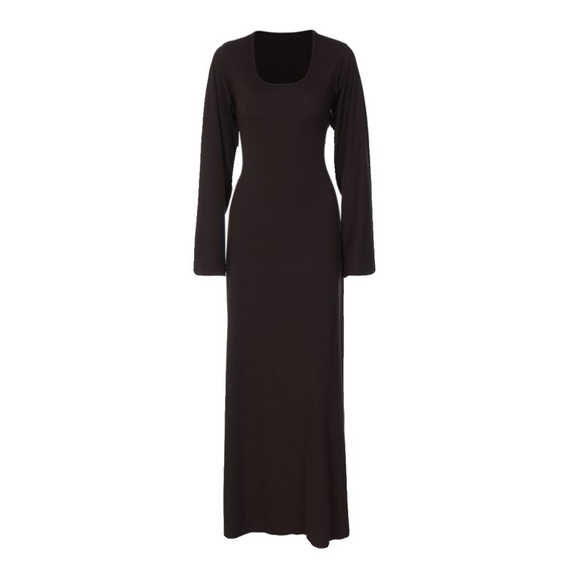 Fashion Fashion U-Collar Waist Trimming Lace Up Dress Rib Minimalist Temperament Pure Color Large Bell Sleeve Classic Dress