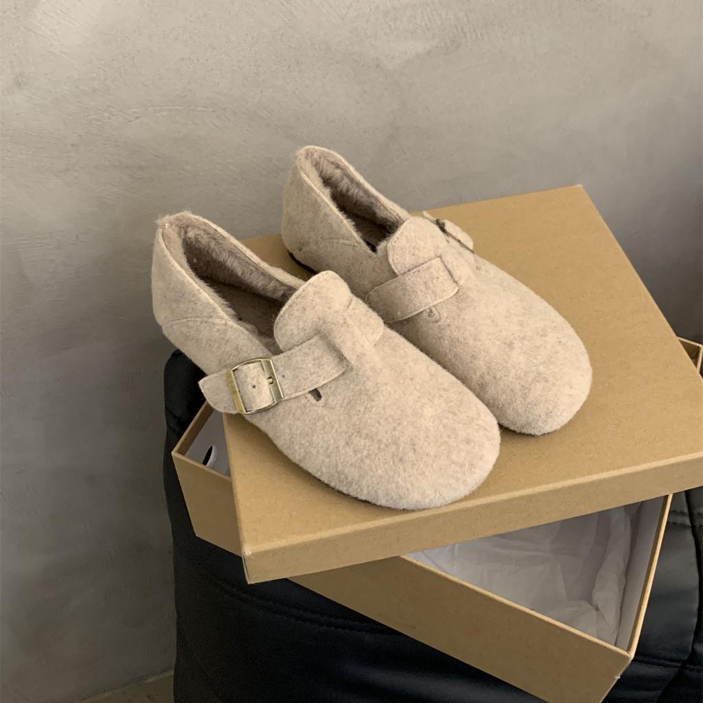 Woolen Boken Shoes Women's Autumn and Winter Velvet 2025 New Korean Version French Retro Flat Bottom One-pedal Thermal Cotton Shoes