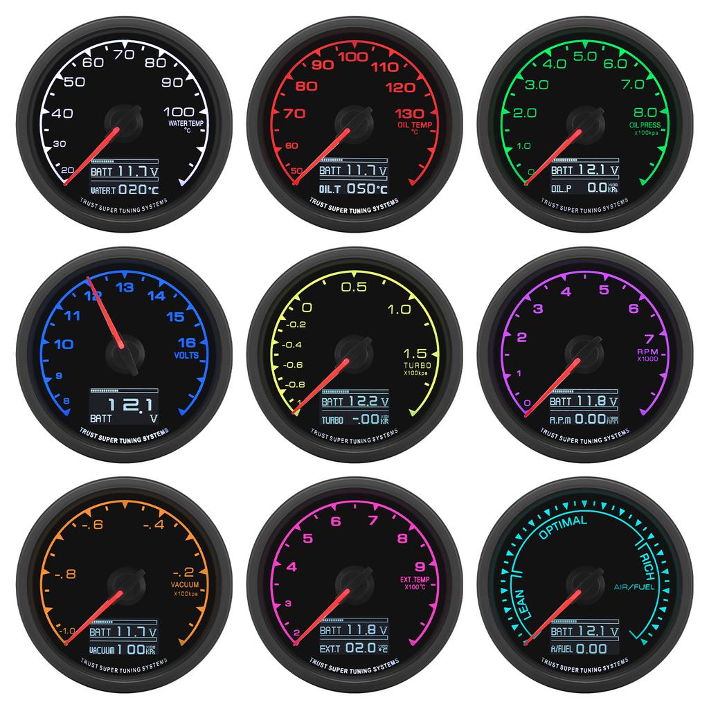 7 Colors LCD Car Racing Meter 60MM Vacuum Turbo Boost Water Temp Volt Oil Press Tachometer with Sensor for 4/6/8 Cylinder Cars