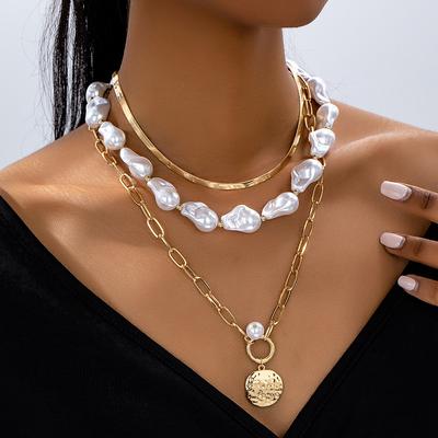 3 Fashion Retro Trend Special-shaped Artificial Pearl Necklace Set Metal Round Brand Pendant Women Stacked Jewelry