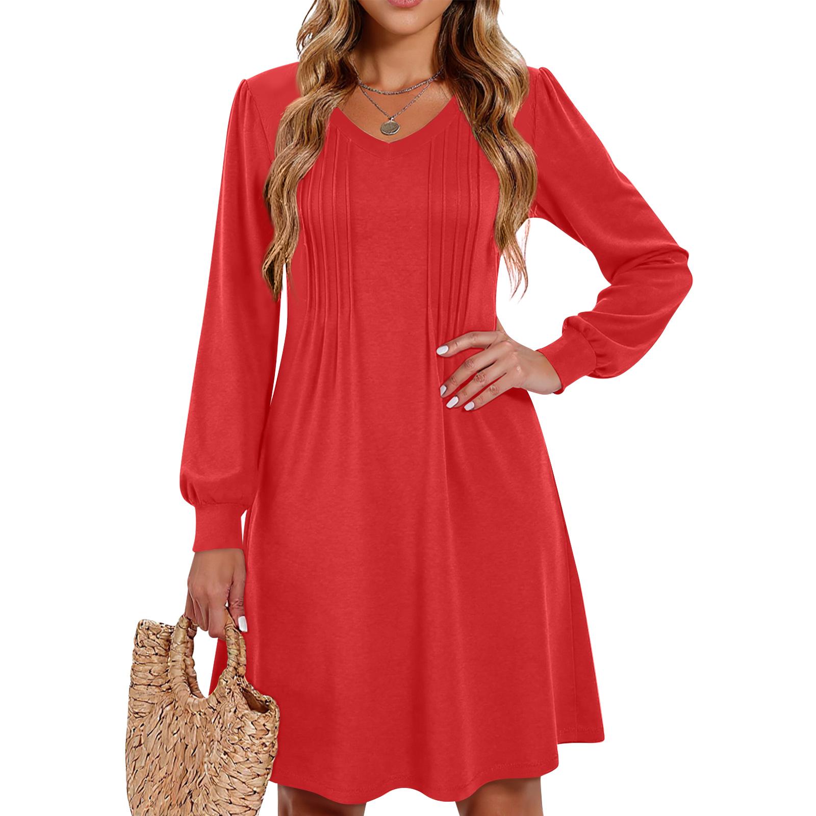 

Женское однотонное повседневное модное платье миди с V-образным вырезом и длинными рукавами M красный