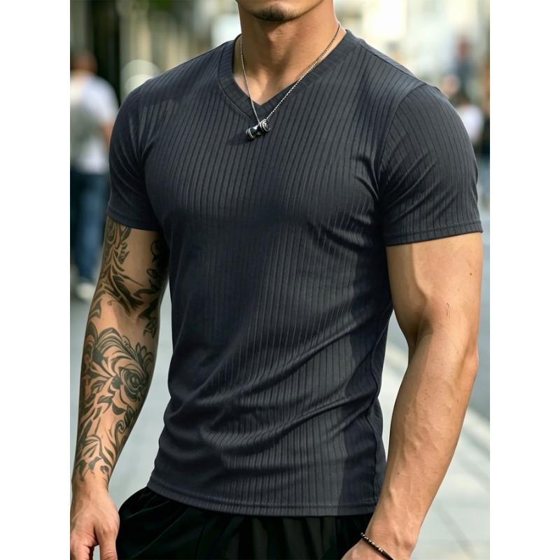 Men Vertical Ribbed V-Neck T-Shirt Slim Fit Breathable Quick Dry Stretch Knit Casual Streetwear Short Sleeve Pullover