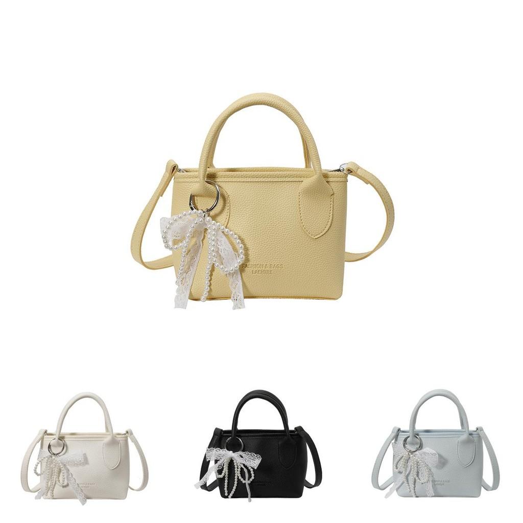 Womens Trendy Bucket Shoulder Bag With Artificial Pearl Bow Pendant For Everyday Use