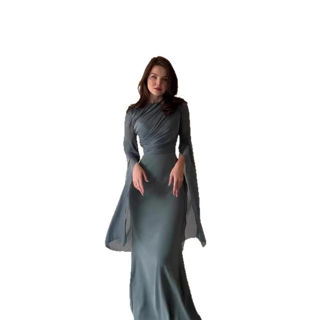 2024 Summer Patchwork Tulle Long Satin Slimming Dress with Large Sleeves