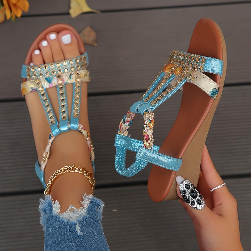 Sandálias femininas de cunha com strass brilhantes - Tira elástica confortável - Antiderrapante, perfeitas para escapadelas na praia