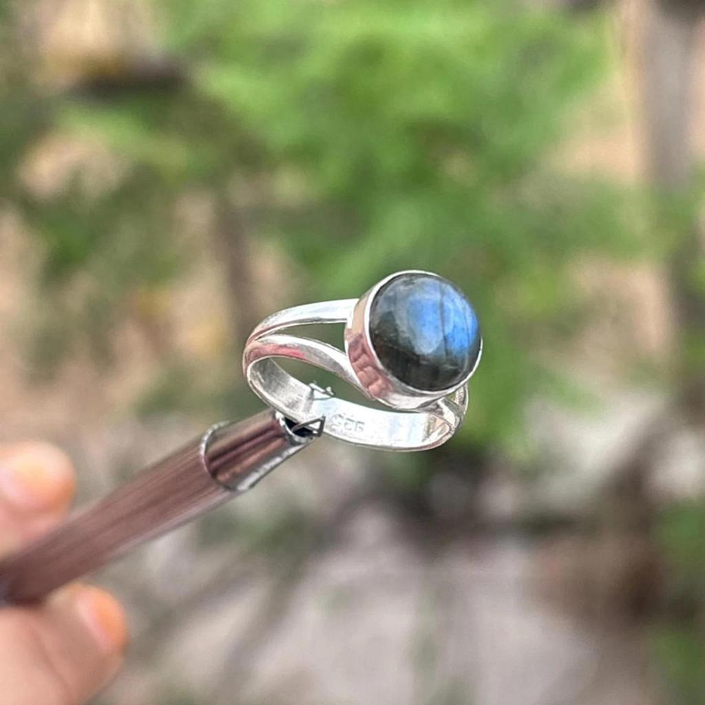 Natural Round Blue Labradorite Gemstone 925 Sterling Silver Artisan Gift Ring