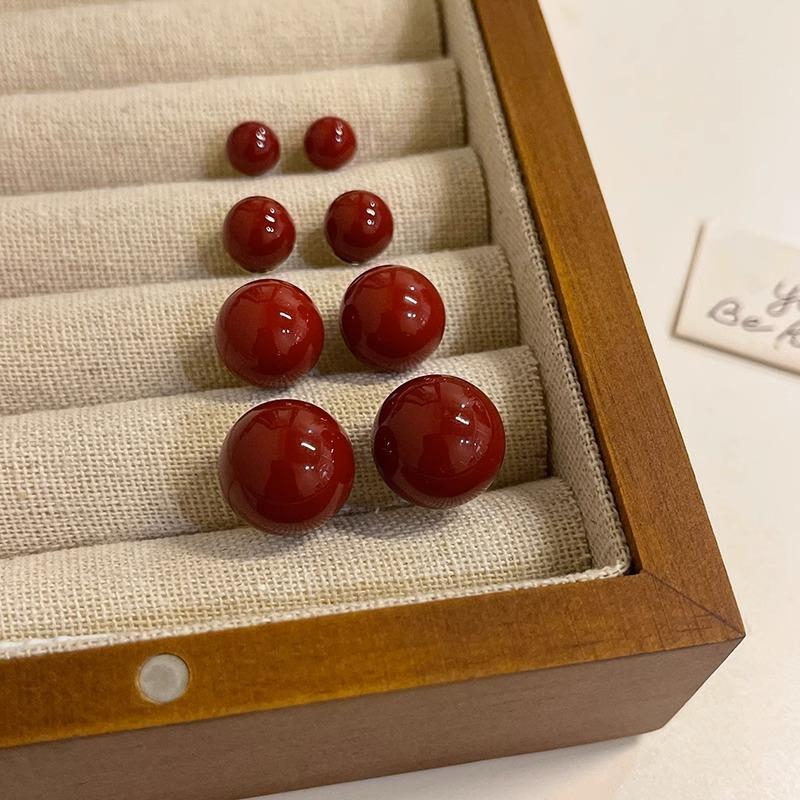 Burgundy Doudou Pearl Earrings Women'S Retro Hong Kong Style Red Earrings Raising Ear Holes Ear Sticks Sleeping Ear Accessories