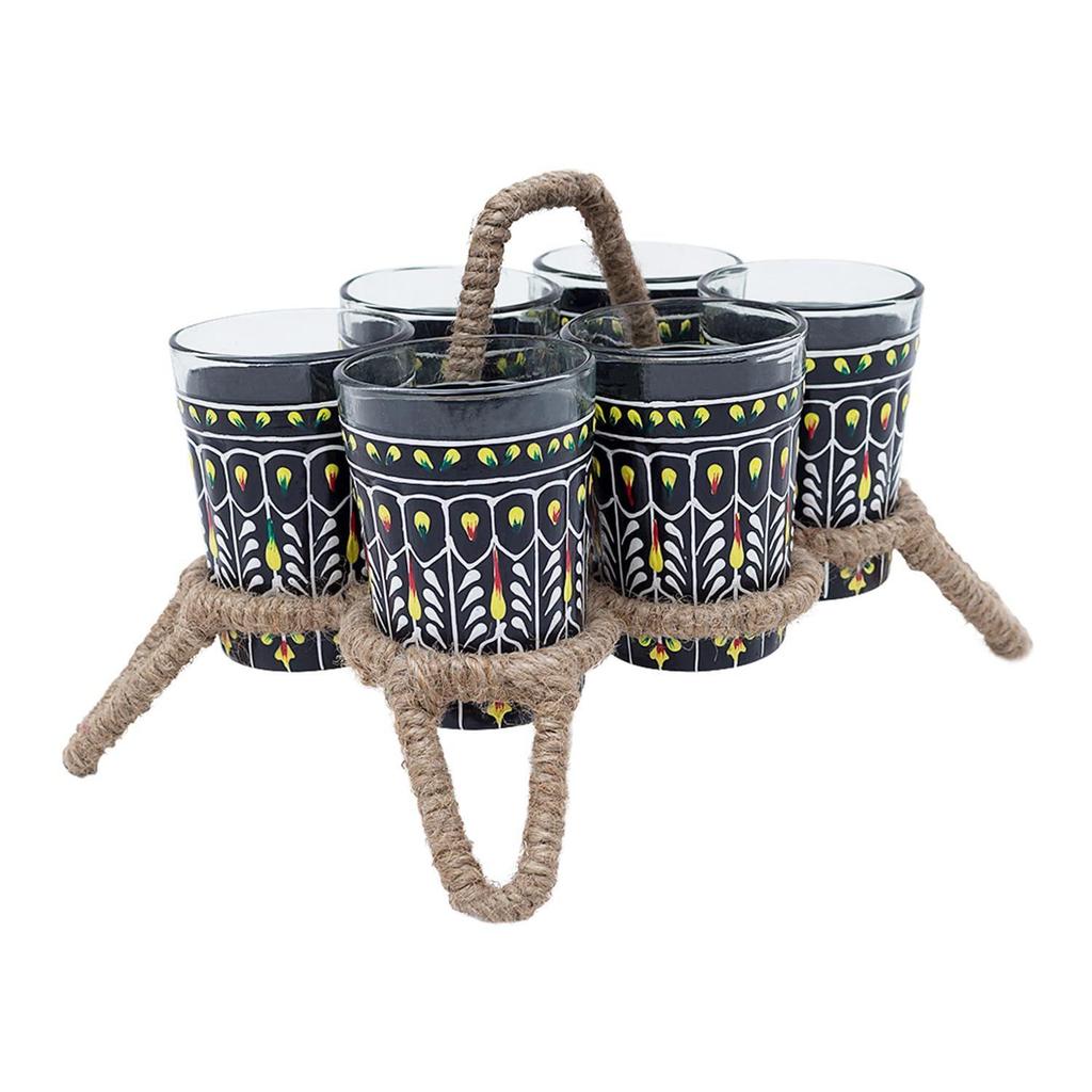 Handcrafted & Handpainted Multicoloured Aluminium Tea Kettle Pot and 6 Glasses with Stand (Black, Yellow, White)