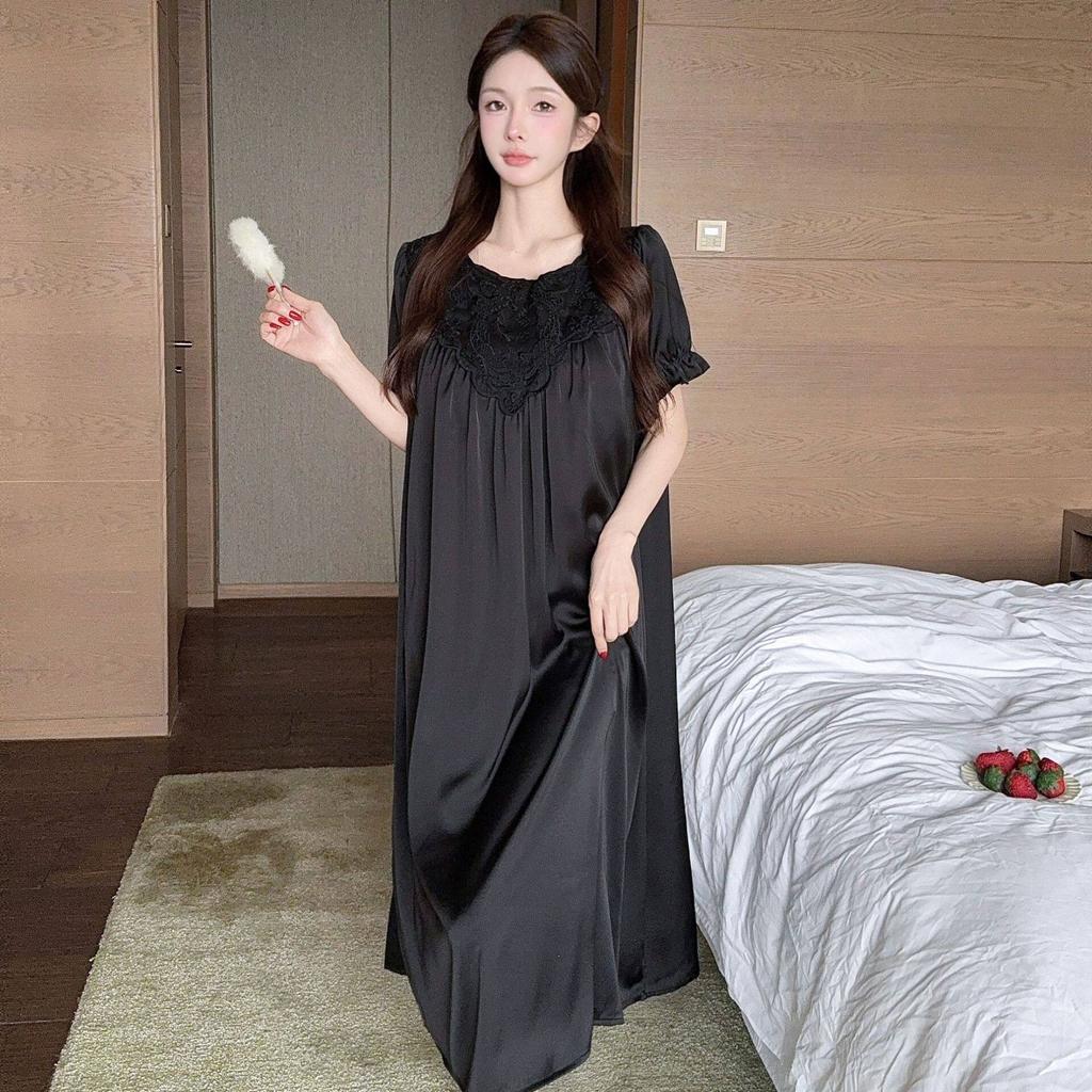 Summer new ice silk pajamas for women, palace style, French thin nightdress with padded bra, high-end girlish short-sleeved long skirt