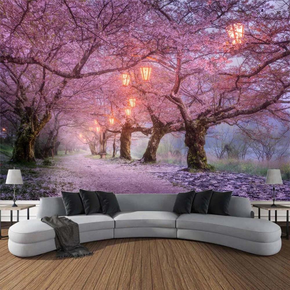 Cherry Blossom Landscape Printing Tapestry Home Wall Hanging Living Room Large Fabric    Decoration