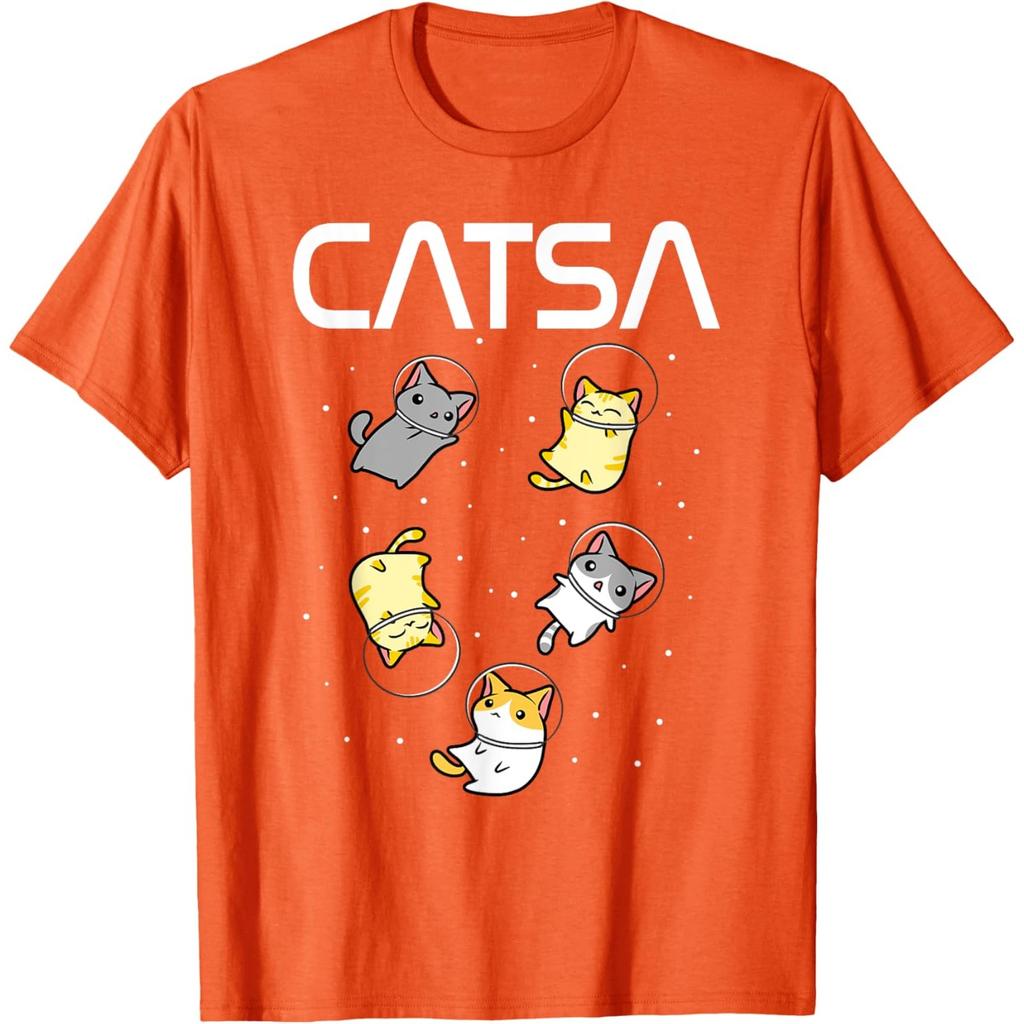 Catsa Astronaut Cats Graphic Tee Funny Space Lover Print Round Neck T-Shirt