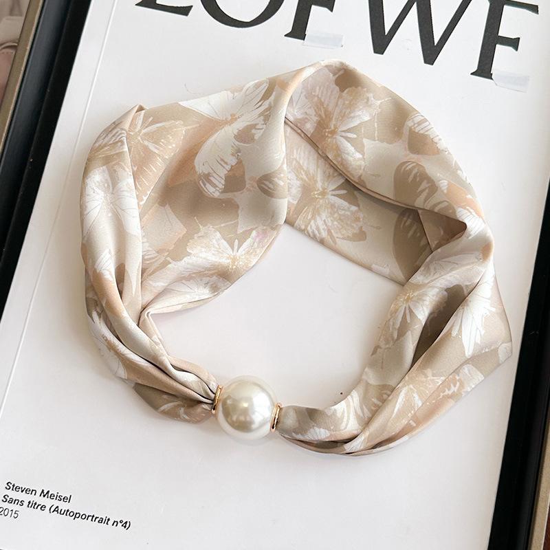 Simple magnetic buckle pearl long silk scarf women's spring and autumn scarf summer printing decorative scarf versatile thin neck protector