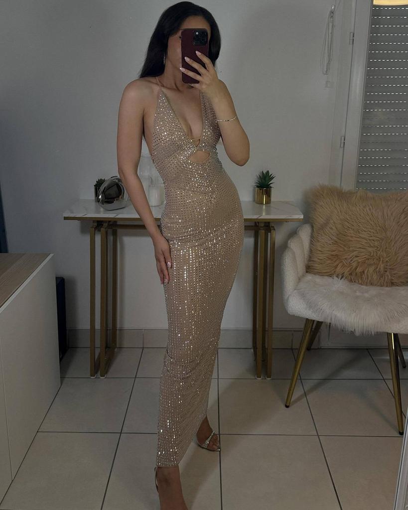 European and American New Fashion New Summer Sexy Temperament Party Hollow Hot Diamond Perspective Suspender Evening Dress Dress
