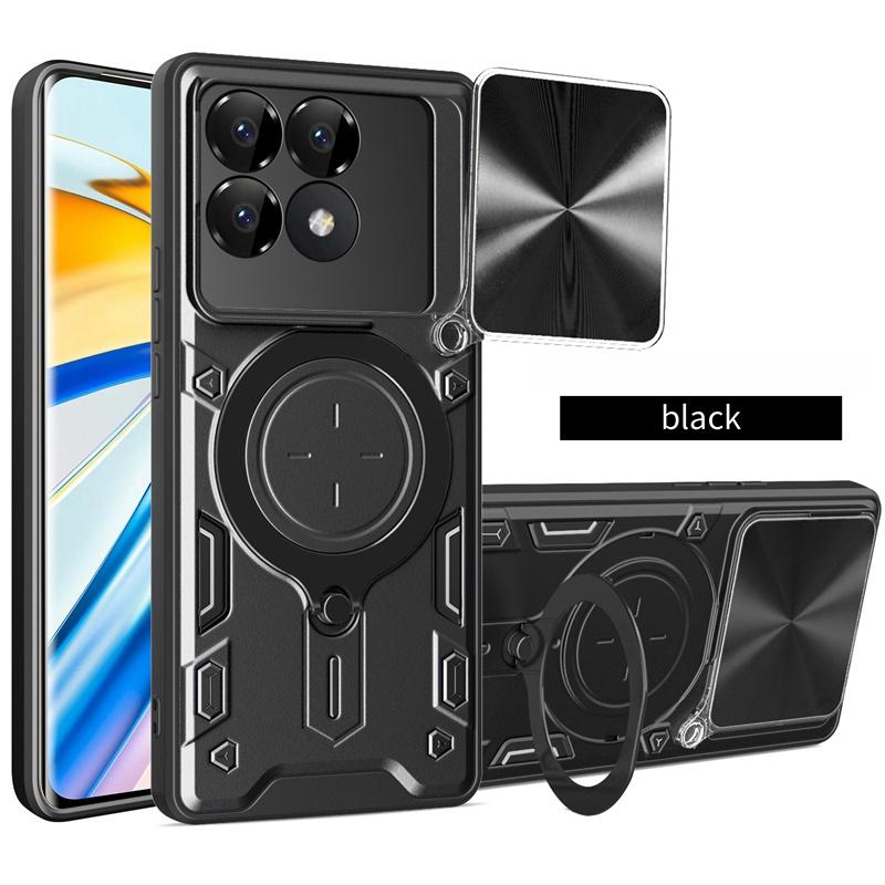 Magnetic Ring Stand Armor Funda for Xiaomi Poco F6 Pro Case Slide Camera Lens Cover for Poxo Poko Little F 6 Pro F6Pro Pocof6 5G