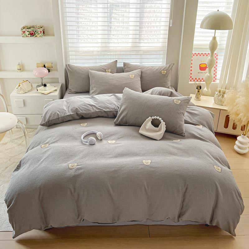 

New Embroidered Waffle Pattern Cotton Duvet Cover Set with Sheets Soft Skin-friendly Queen Bedding Sets Quilt Cover Pillowcases AU Single size 3 pcs
