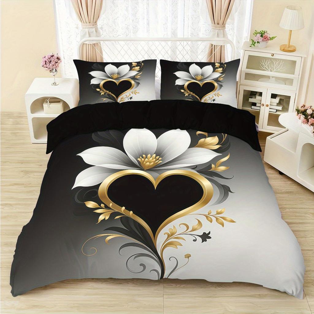 3pcs  Abstract Love Floral Design Print Pattern Bedding Set 1 Quilt Cover + 2 Pillowcases, No Core Retro Simple,