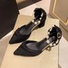 With skirt pearl high heels women's spring and summer new medium thick heel pointed head shallow mouth hollow sandals