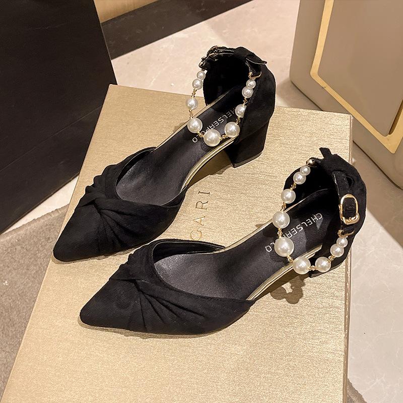 With skirt pearl high heels women's spring and summer new medium thick heel pointed head shallow mouth hollow sandals
