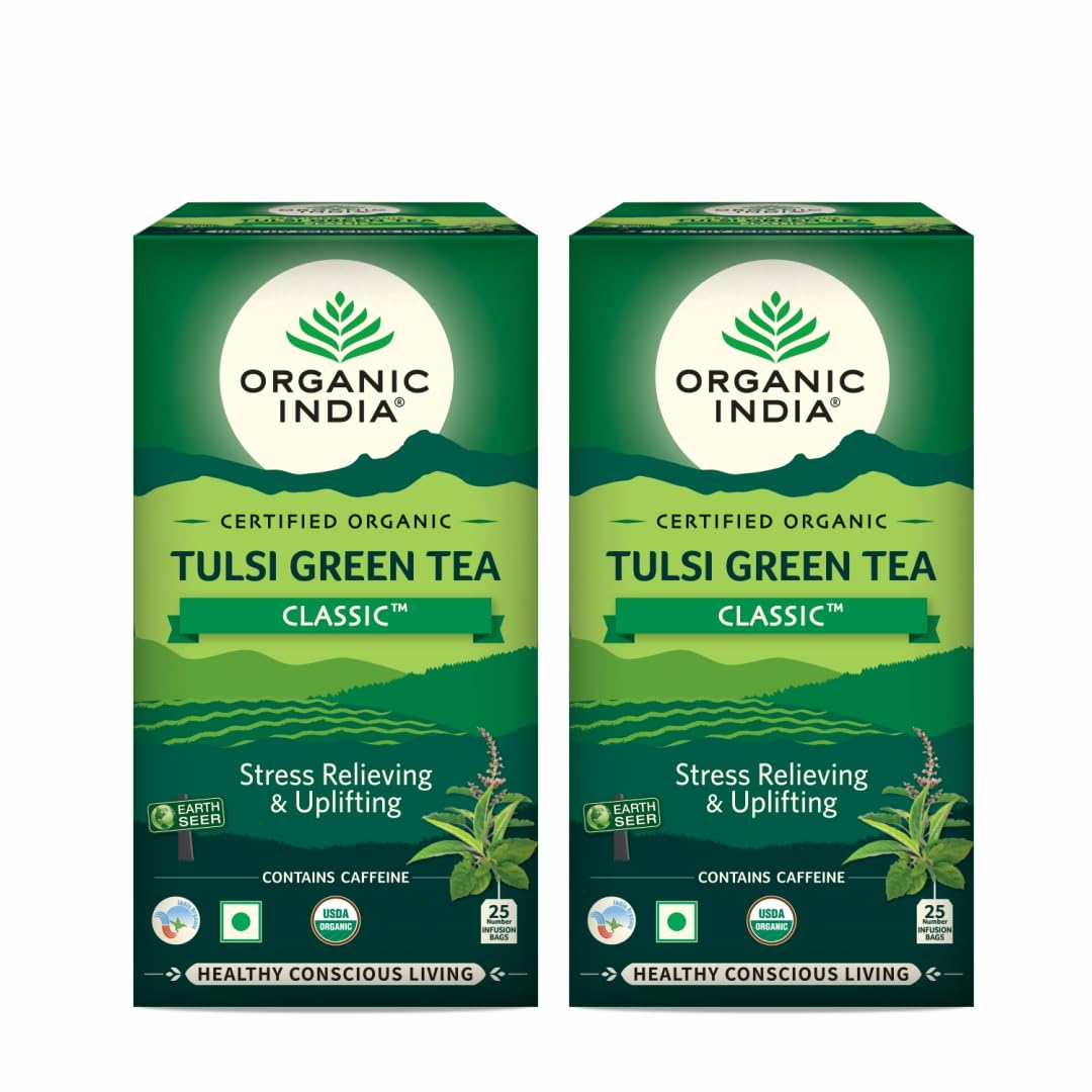 ORGANIC INDIA Tulsi Green Tea Classic, 25 Infusion Bags (Pack Of 2) - 3 Gm