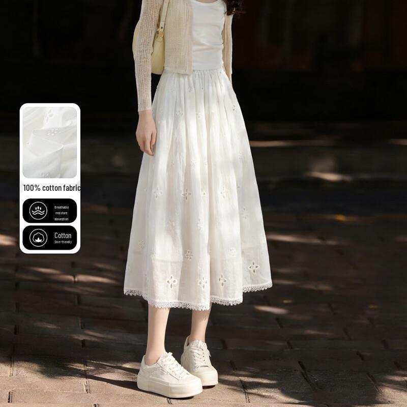 French Style Embroidered Lace A-line Midi Skirt One Size
