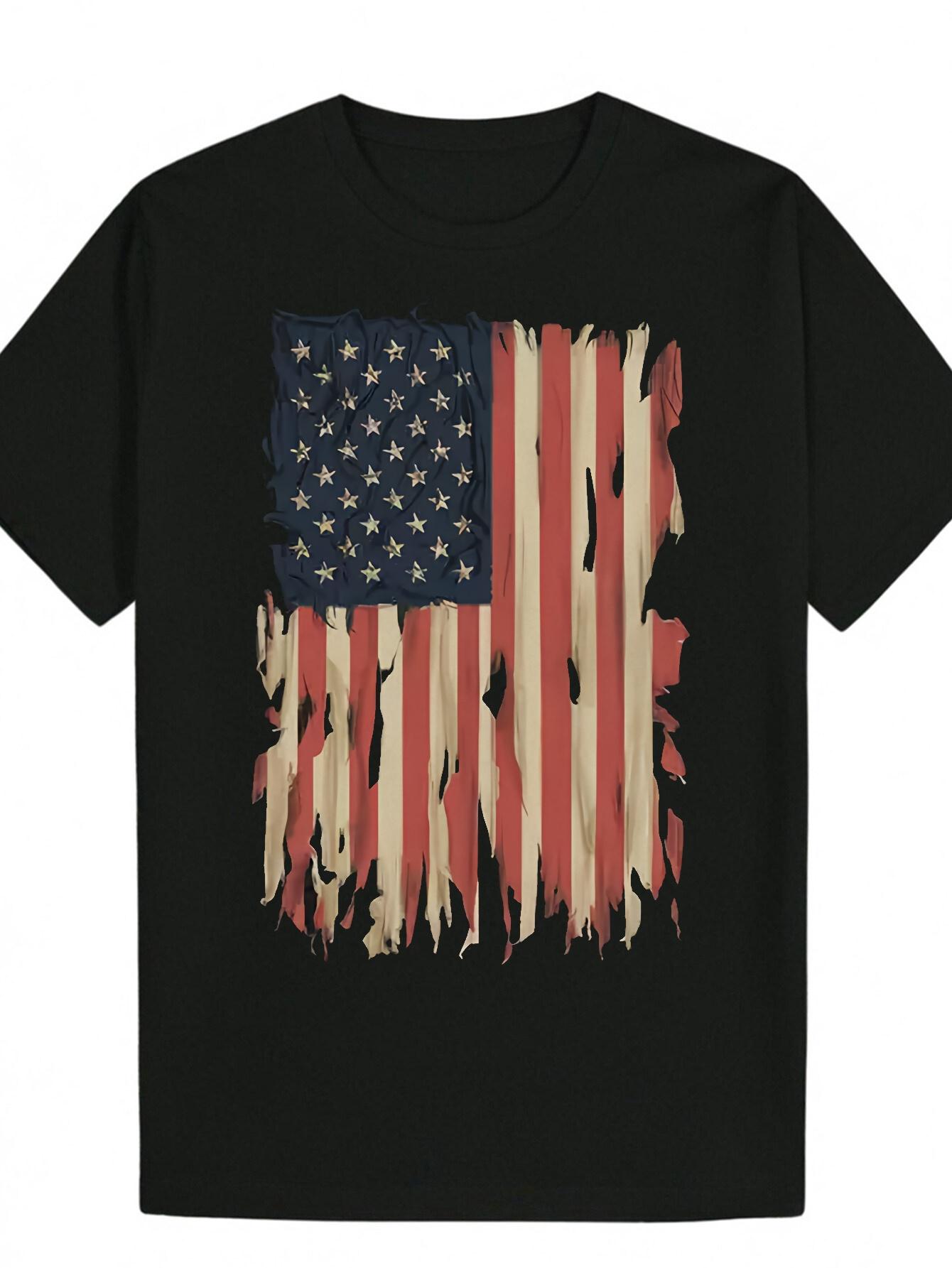 Patriotic American Flag Graphic T-shirt - Vintage Distressed Stars & Stripes Tee in Black S
