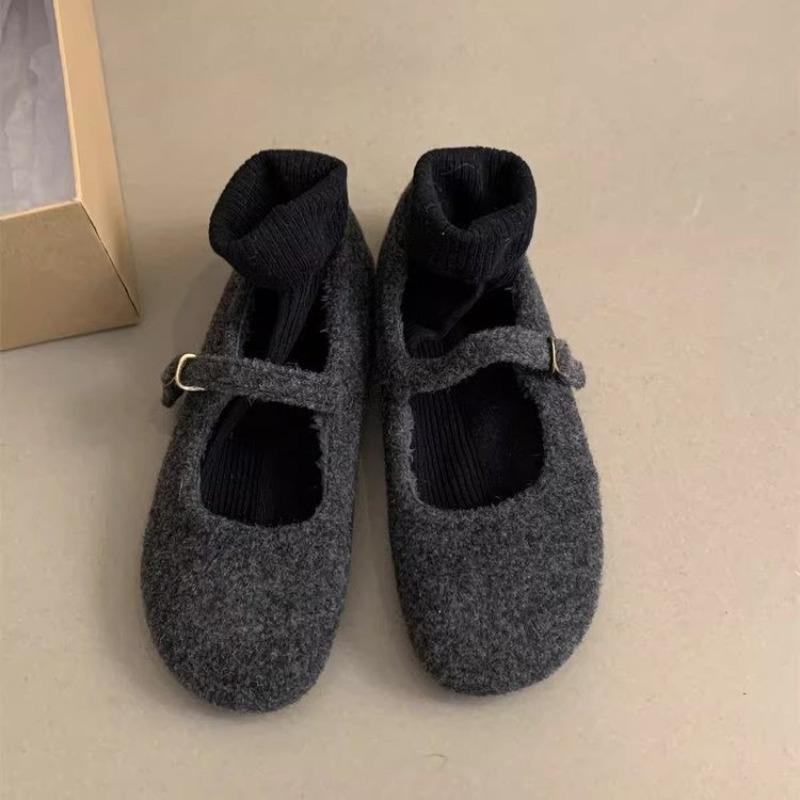 New Square Toe Fleece Ballet Flats Woman Winter Warm Wool Mary Jane Shoes Ladies Brand Design Elegant Plush Loafers