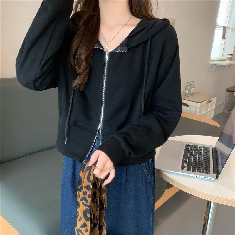 

Hooded sweater women s autumn loose thin high waist short cardigan zipper top jacket 2XL чорний