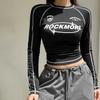 T-Shirt Women New Black Fashion Streetwear Long Sleeves O-Neck Streetwear Crop Top Print Letter Casual Slim Female Tees