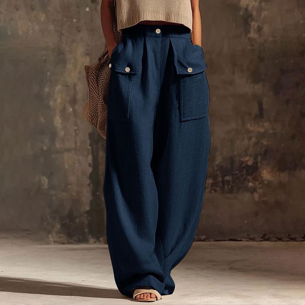 Women’s Casual Wide Leg Pants with Buttoned Pockets Cotton Linen Relaxed Fit Trousers for Everyday Wear Office Travel Lounge