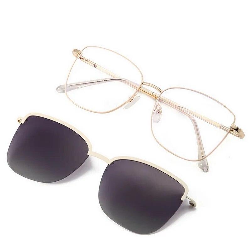 2 In-1 Glasses Anti Blue Light Glasses with 1Pc Magnetic Polarized Clip-On Sunglasses Lenses Trendy Metal Frame Cat Eye Eyewear