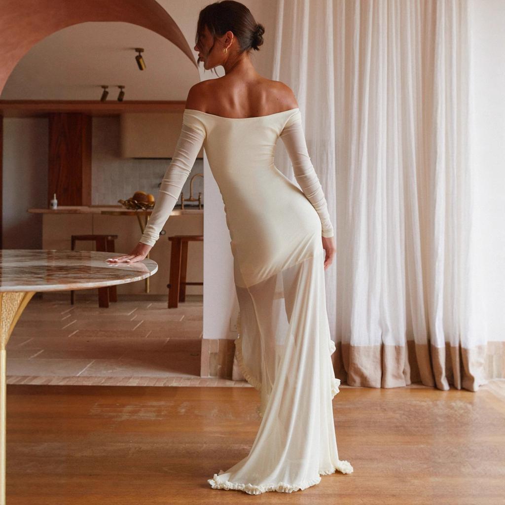 Women's new fashion pleated irregular floor mopping dress European and American sexy one-word shoulder dress women