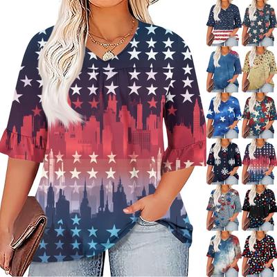 Damska Moda Codzienna V-Dekolt Siedmiorękaw Rękawy Falbankowe Druk z Motywem Dnia Niepodległości Koszulka Top Plus Size Damska